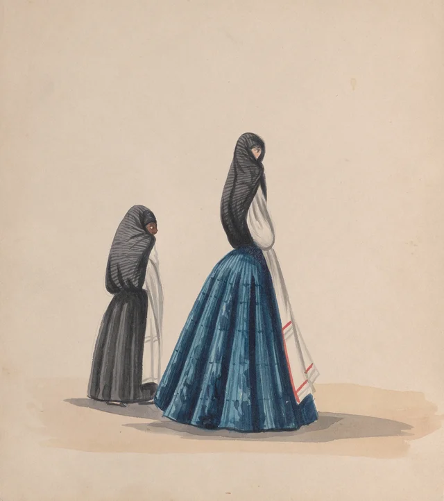 Duas mulheres usando a saya, vistas de perfil