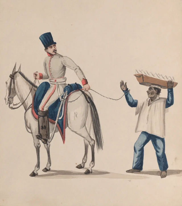 Um soldado a cavalo segurando uma corda que prende um índio escravizado carregando uma cesta na cabeça, Pancho Fierro