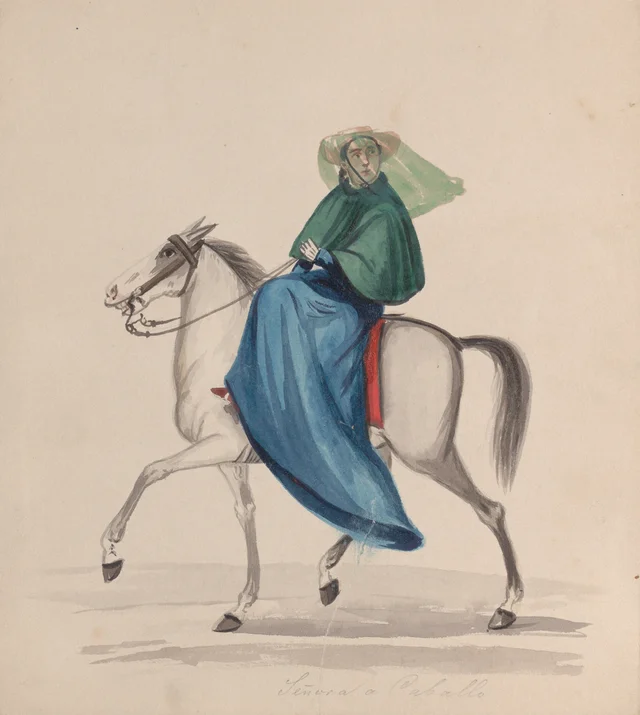 Uma mulher elegantemente vestida a cavalo, Pancho Fierro