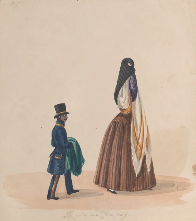 Uma mulher elegantemente vestida e seu pajem