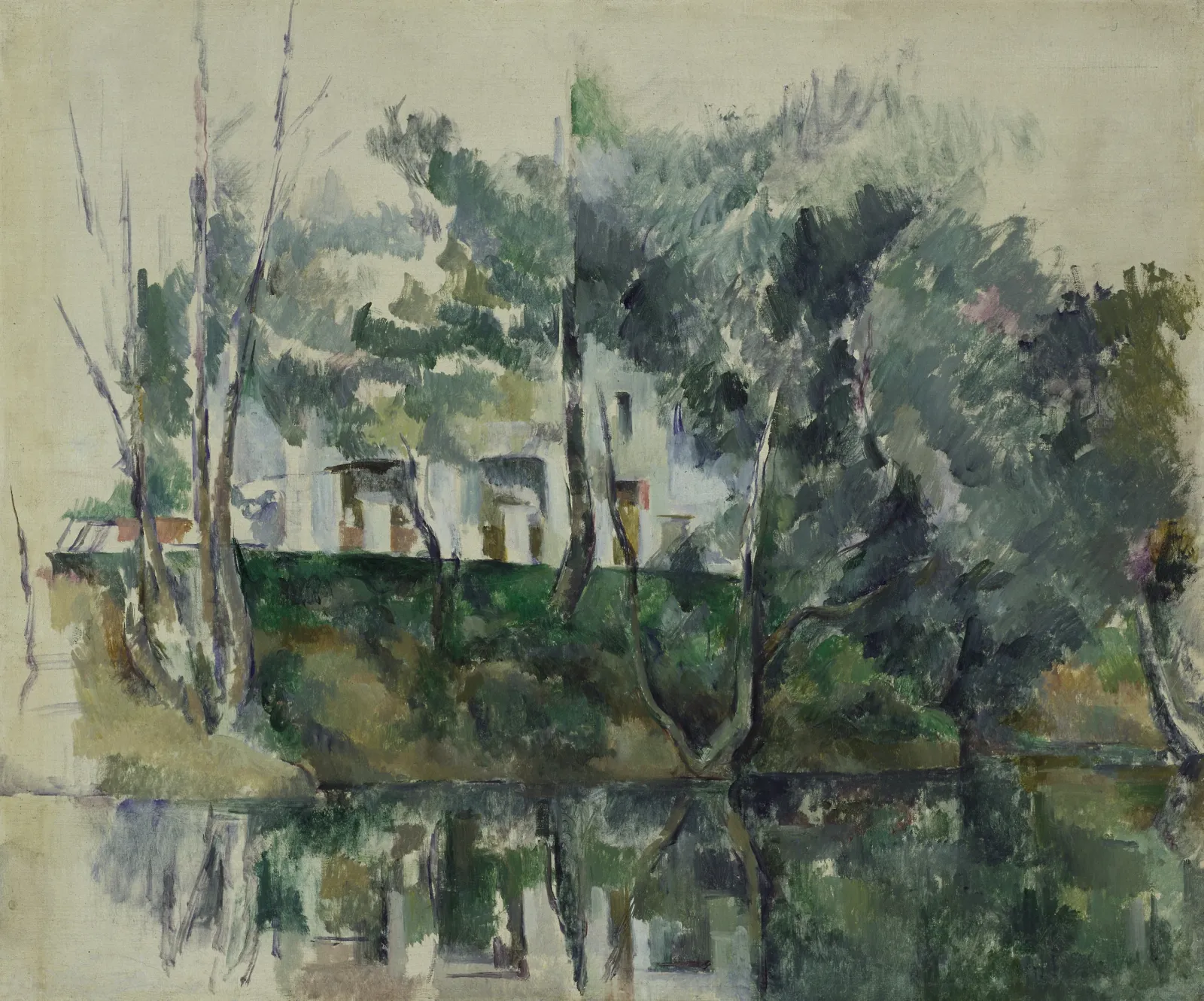 Arbres et maisons au bord de l'eau, Paul Cézanne