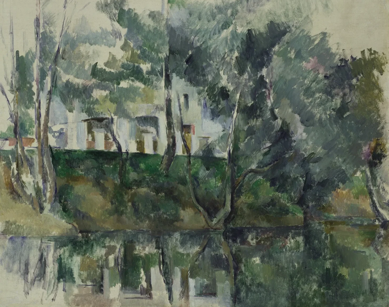 Arbres et maisons au bord de l'eau, Paul Cézanne