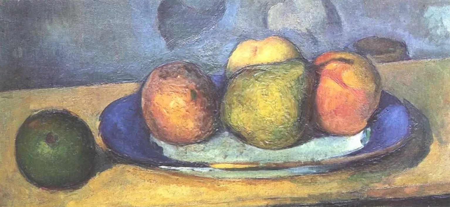 Plato de borde azul y frutas, Paul Cézanne