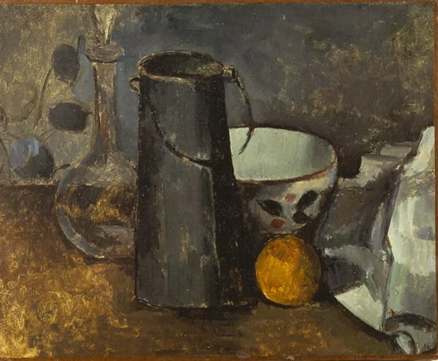 Carafe, boîte à lait, bol et orange, Paul Cézanne