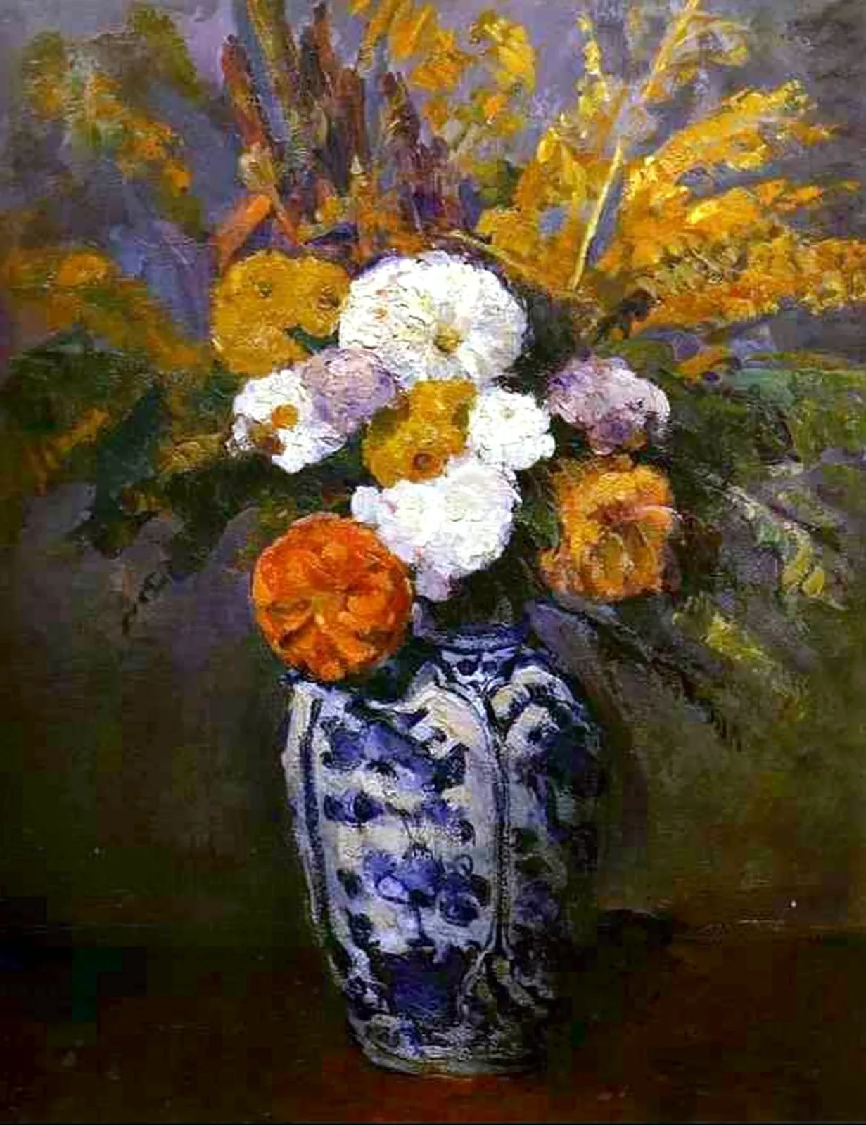 Dahlias dans un grand vase de Delft, Paul Cézanne