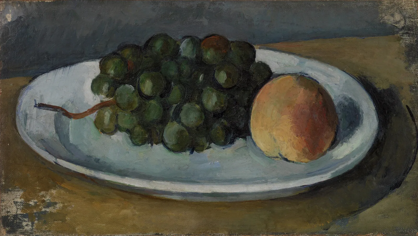 Grappe de raisin et pêche sur une assiette, Paul Cézanne