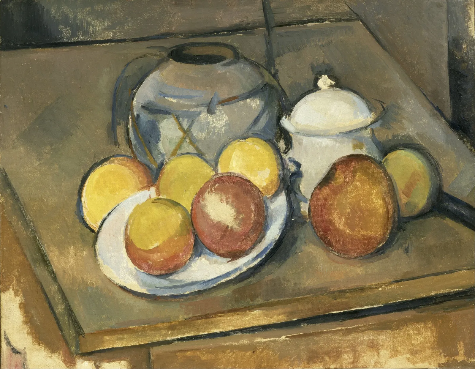 Le vase paillé, sucrier et pommes, Paul Cézanne