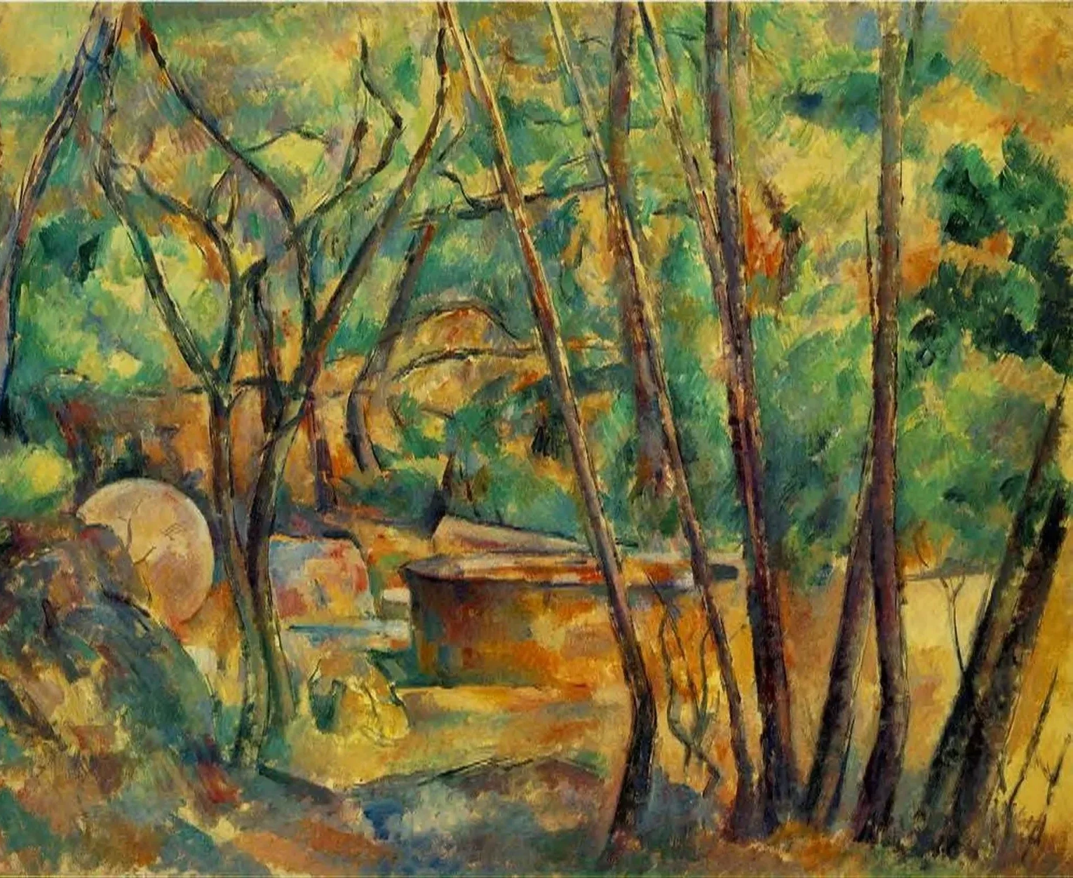 Meule et citerne en sous-bois, Paul Cézanne