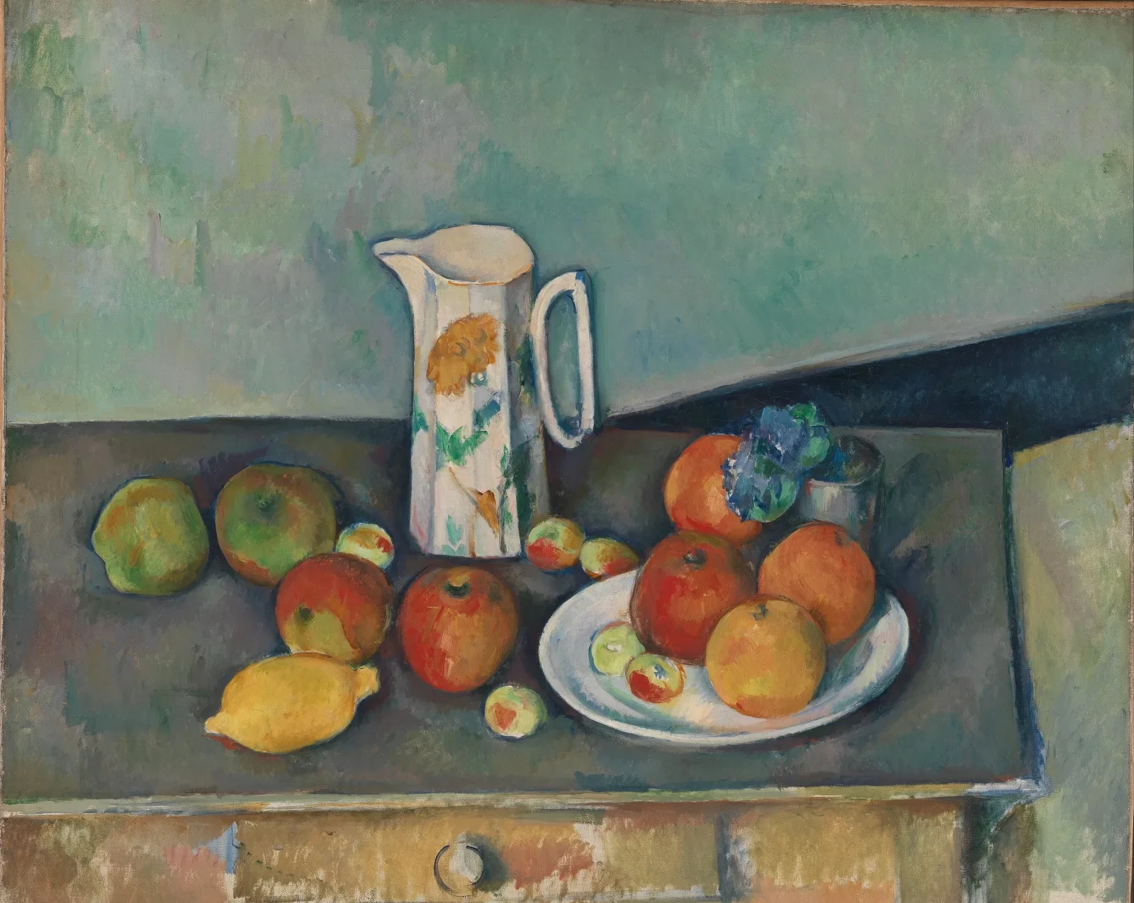Nature morte, pot à lait et fruits sur une table, Paul Cézanne