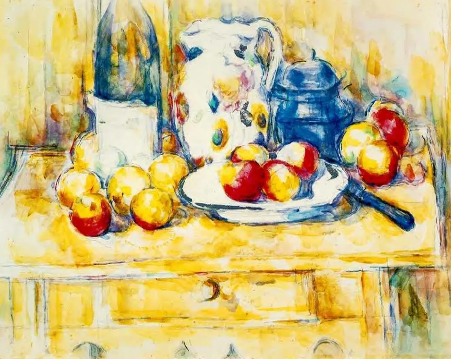 Pommes avec bouteille, pichet et pot bleu, Paul Cézanne
