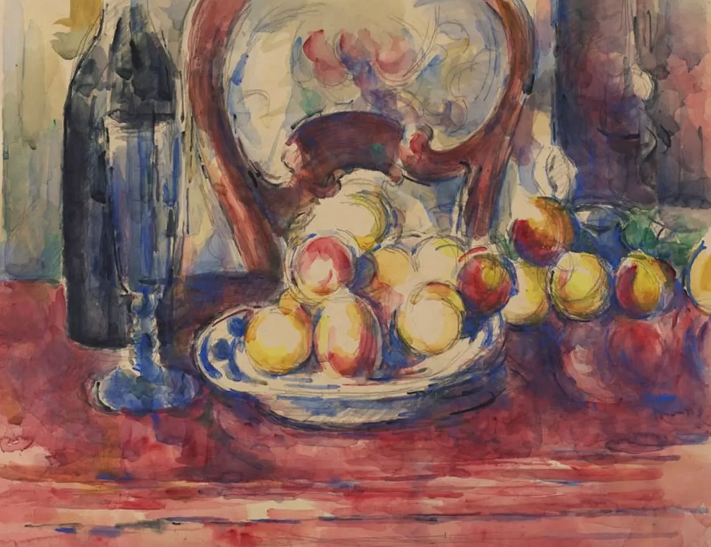 Pommes, bouteille et dossier de chaise, Paul Cézanne