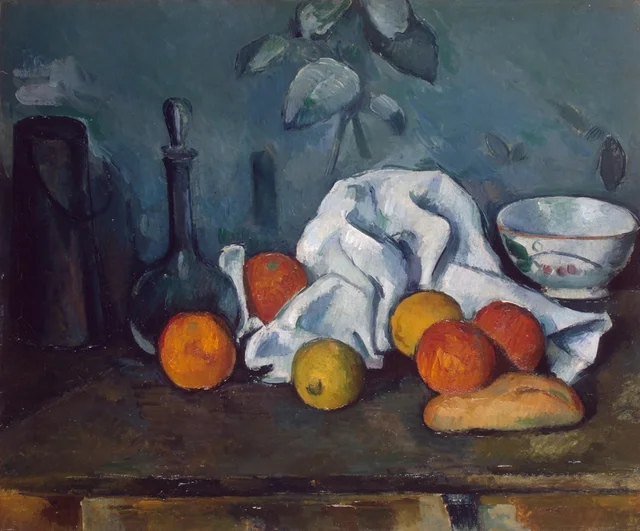 Caja de leche, garrafa y cuenco, Paul Cézanne