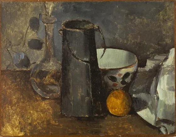 Carafe, boîte à lait, bol et orange