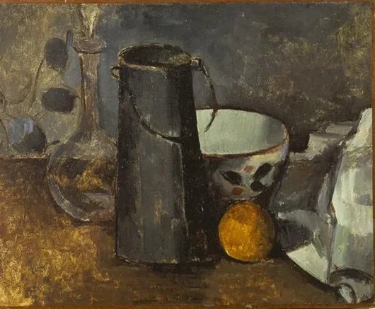 Carafe, boîte à lait, bol et orange