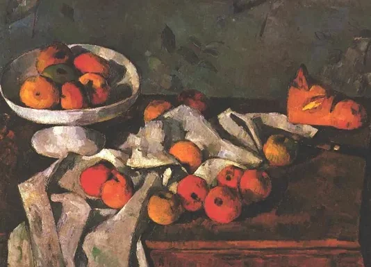 Compotier, pommes et miche de pain