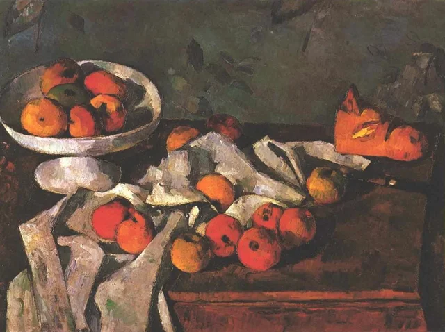 Frutero, manzanas y hogaza de pan, Paul Cézanne