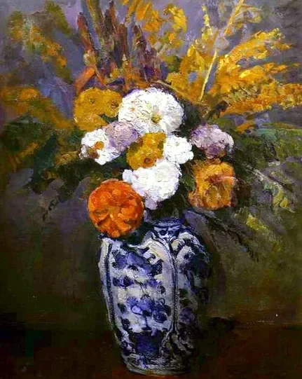 Dahlias dans un grand vase de Delft