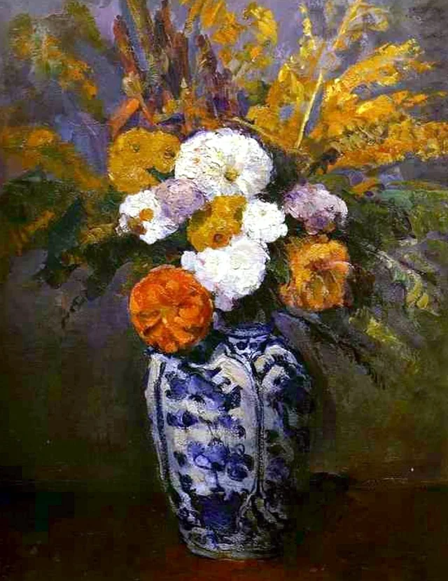 Dalias en un gran jarrón de Delft