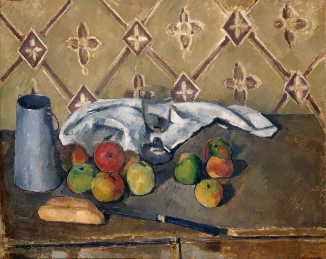 Fruits, serviette et boîte à lait, Paul Cézanne