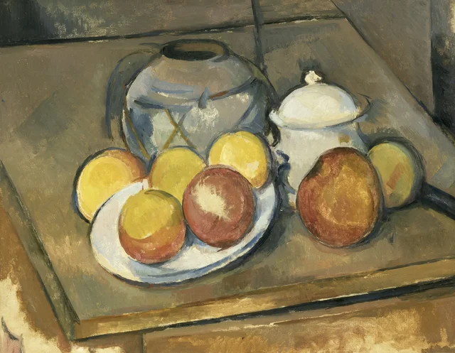 El jarrón de paja, azucarero y manzanas