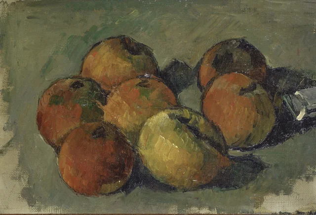 Naturaleza muerta con siete manzanas y tubo de pintura