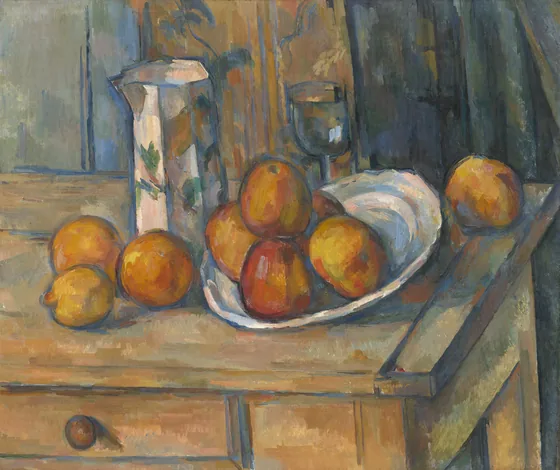 Nature morte avec cruche de lait et de fruits
