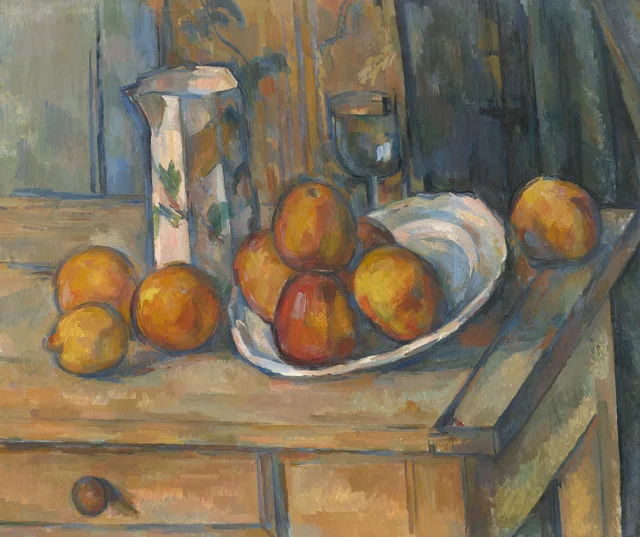 Naturaleza muerta con jarra de leche y frutas, Paul Cézanne