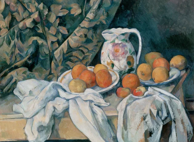 Naturaleza muerta con cortina y jarra florida, Paul Cézanne