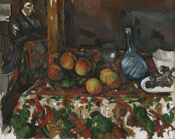 Pêches, carafe et personnage
