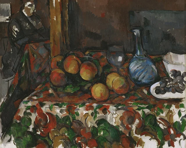 Melocotones, garrafa y figura, Paul Cézanne