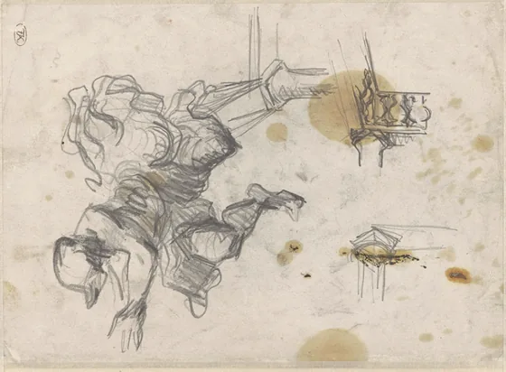 Personnage volant et études d'architecture