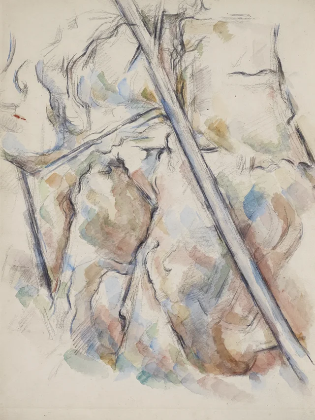 Pino y rocas cerca de las grutas sobre el Château Noir, Paul Cézanne
