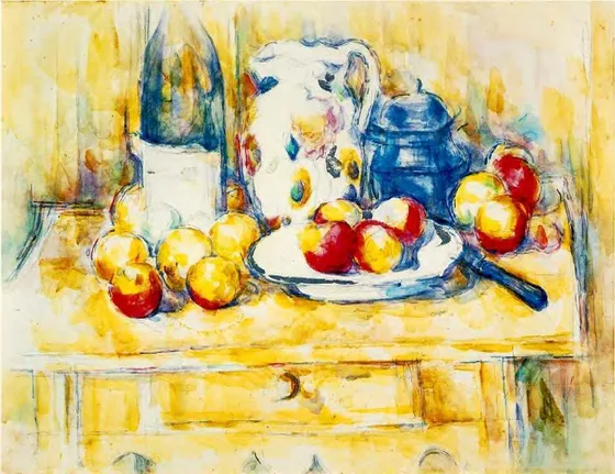 Pommes avec bouteille, pichet et pot bleu