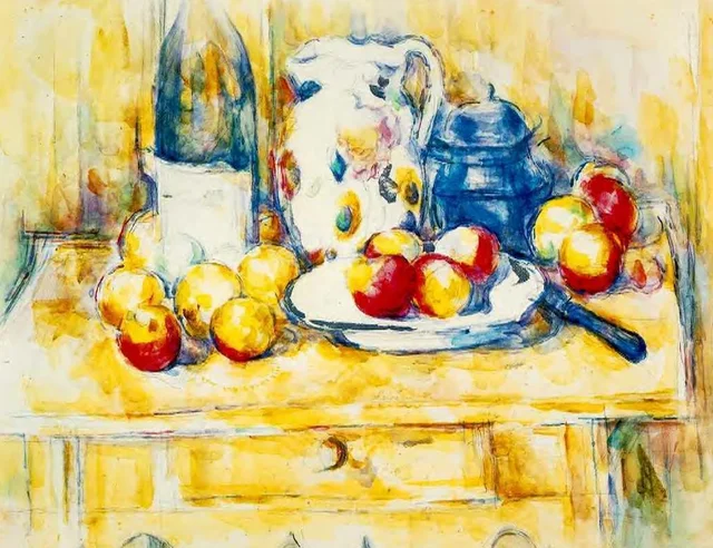 Manzanas con botella, jarra y tarro azul, Paul Cézanne
