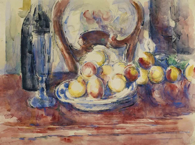 Manzanas, botella y respaldo de silla