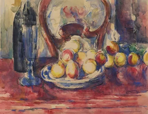 Pommes, bouteille et dossier de chaise