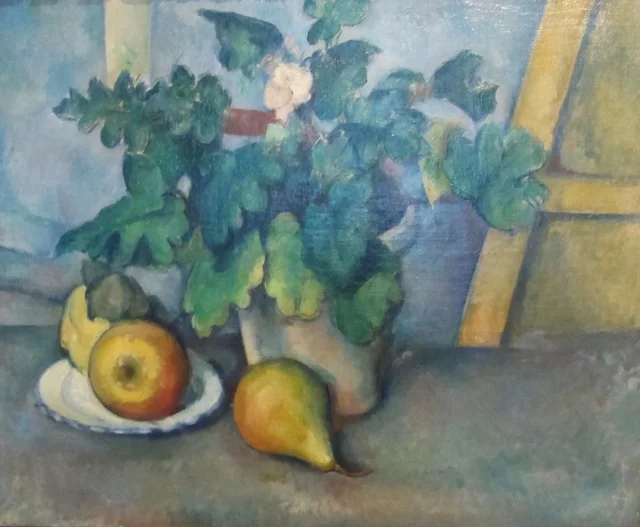 Tiesto de primaveras y frutas, Paul Cézanne