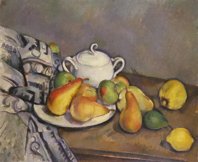 Azucarero, peras y alfombra, Paul Cézanne