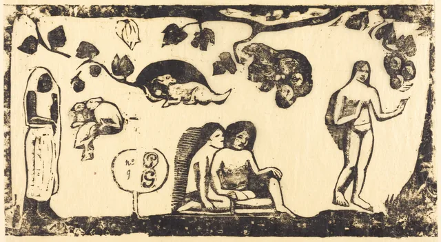 女たち、動物、木の葉