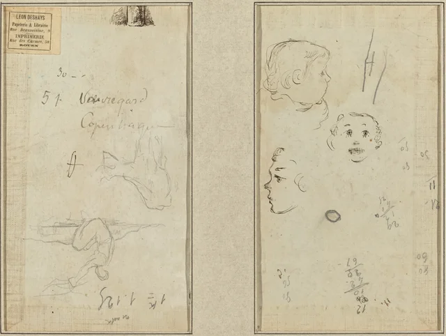 Seated Figure and a Cow; Three Studies of a Child's Head