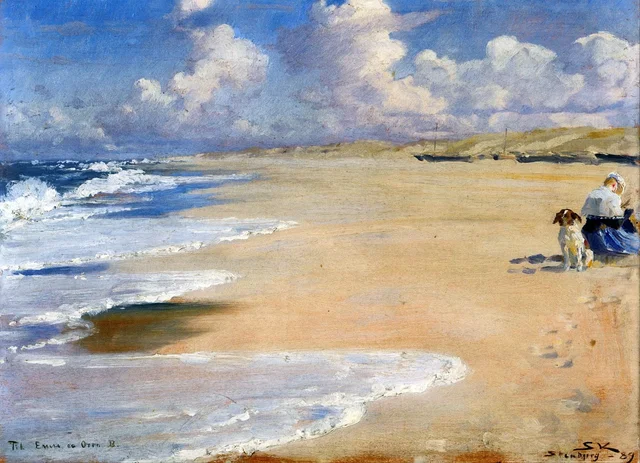 Marie Krøyer pintando en la playa de Stenbjerg