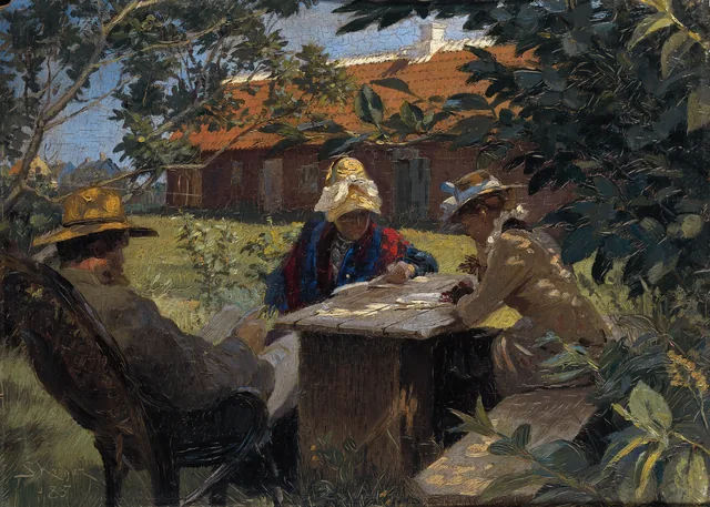 Michael Ancher, Helene Christensen et Anna Ancher dans l'ancien jardin de Brøndum