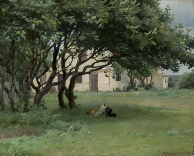 Poules sous les arbres près de la ferme de Madame Bendsen