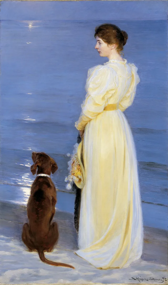 スケーエンの夏の夕べ、水辺で犬を連れた画家の妻