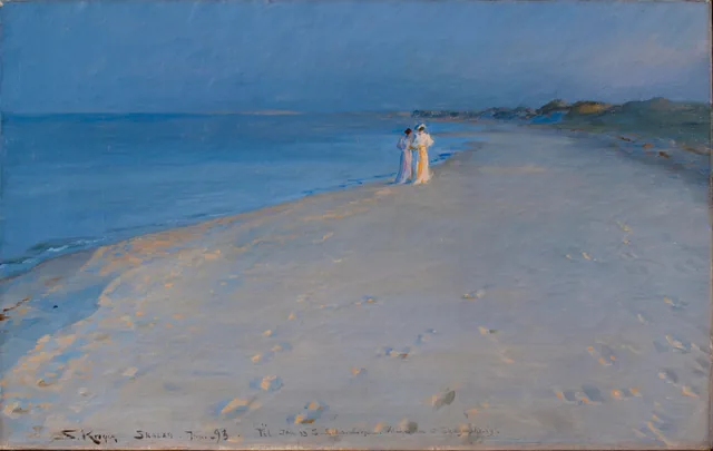 スケーエンの南の浜の夏の夕べ、アンナ・アンカーとマリー（下絵、38.5×60cm）