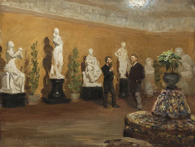 Velada. Dos figuras de pie. Carl Jacobsen y A.P. Weis. Estudio previo para Velada en la Gliptoteca de Ny Carlsberg, Peder Severin Krøyer