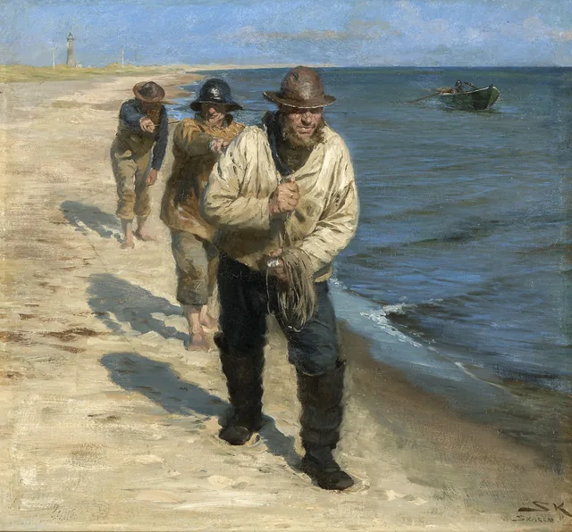 En la playa sur de Skagen, tres pescadores caminando uno tras otro arrastran a lo largo de la orilla una barca a contracorriente, Peder Severin Krøyer