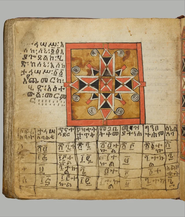 Livro de orações Arganonä Maryam («O Órgão de Maria»): página com um diagrama em estrela e uma tabela