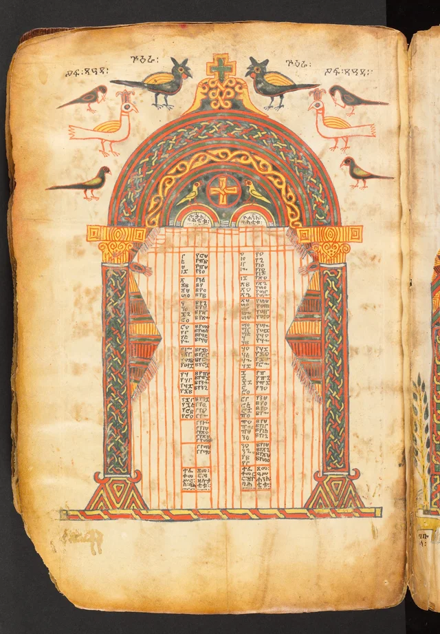 Book of the Gospels: canon table in two columns under an arch