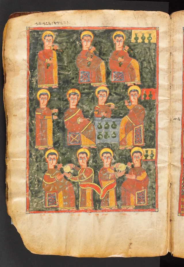 Book of the Gospels: haloed men in three rows